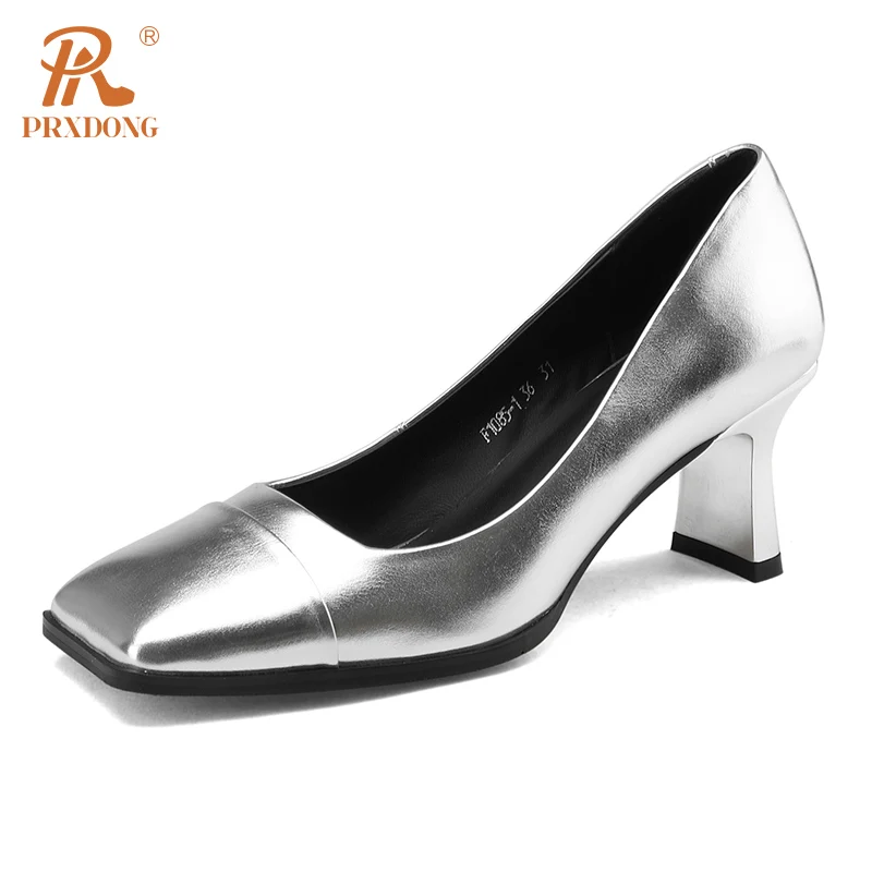 

Женские классические туфли-лодочки PRXDONG, серебристые или бежевые классические офисные туфли-лодочки из натуральной кожи на платформе и выс...