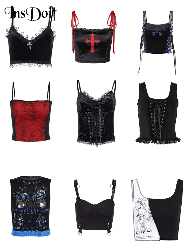 

InsDoit Mall Gothic Sexy Corset Camis Women Vintage Lace Harajuku Print Streetwear Summer Black Crop Top Sleeveless Bandage Tops