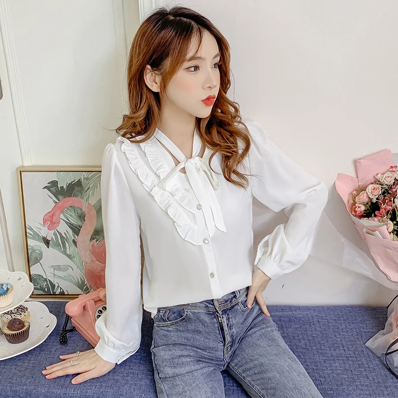 

Шифоновая Свободная Женская рубашка, новая модная однотонная блузка с оборками и бантом, осенняя Повседневная Женская одежда в Корейском с...