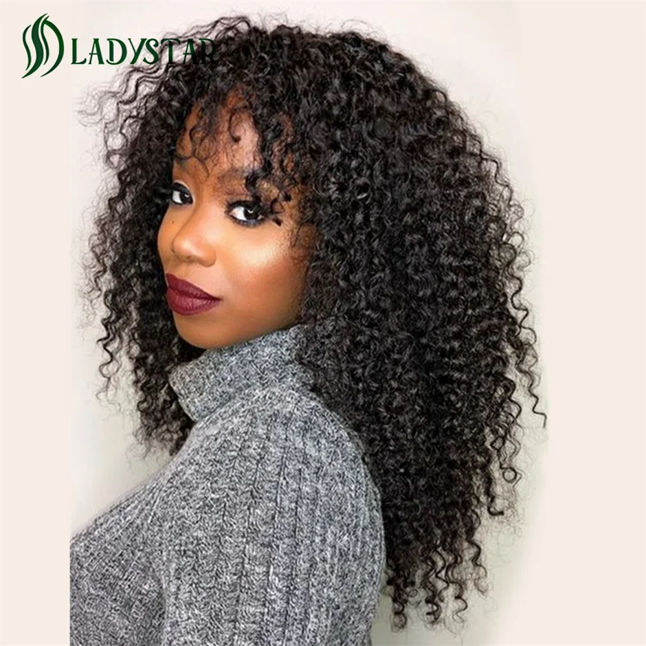 

Jerry Curly Human Hair Wigs With Bangs Brazilian Remy Curly Human Hair Wigs For Women Full Machine Made No Lace Curly Fringe Wig