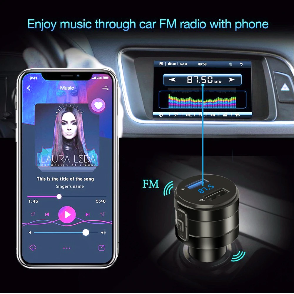 FM-передатчик Bluetooth 4.2 Автомобильный MP3-плеер с двумя USB-портами 3,1  А, автомобильное зарядное устройство, модулятор громкой связи, комплект ...