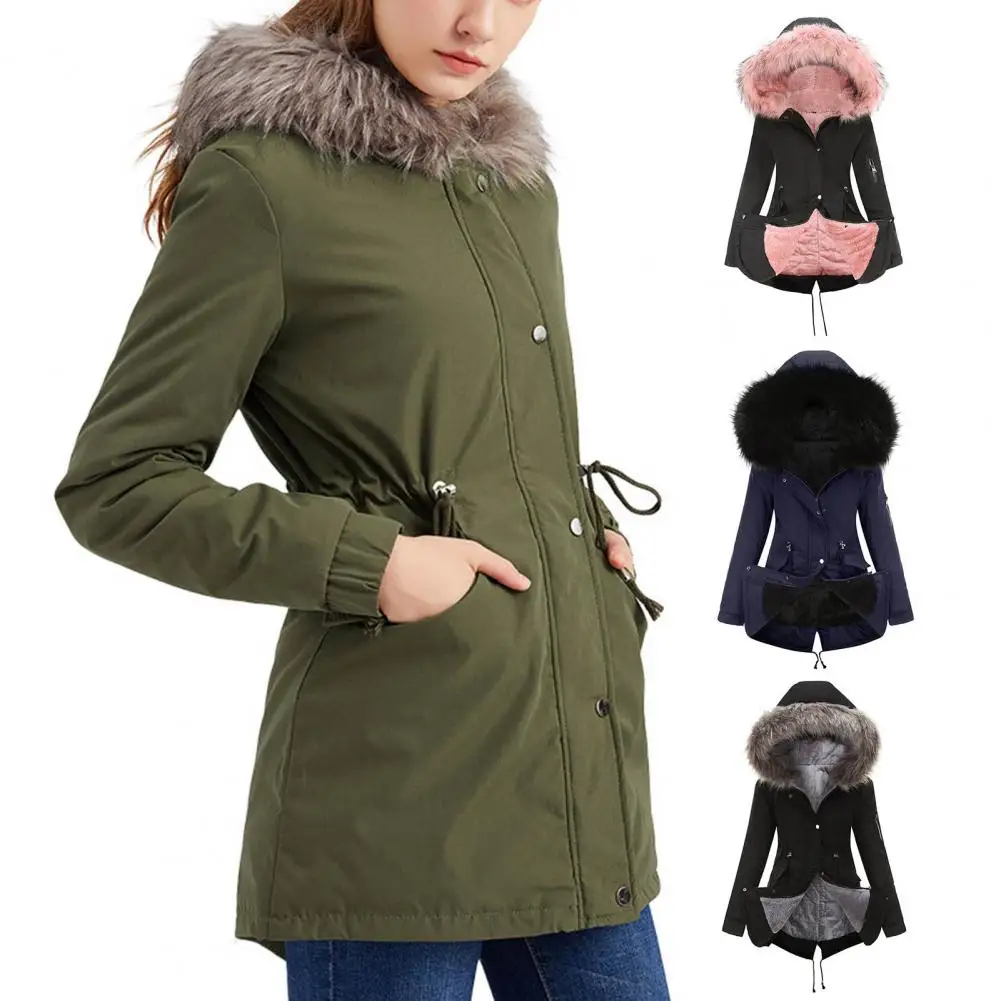 

New Autumn Winter Women Cotton Jacket Padded Coat Middle Length Warm Fleece Hooded Parkas Faux Fur Collar Lady Overcoat