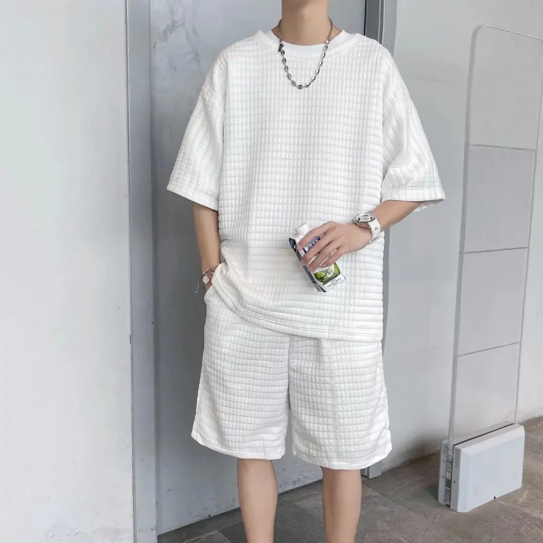 Waffle short sleeve Shorts Set 2022 summer new fashion trend Hong Kong style solid color simple loose five point sleeve