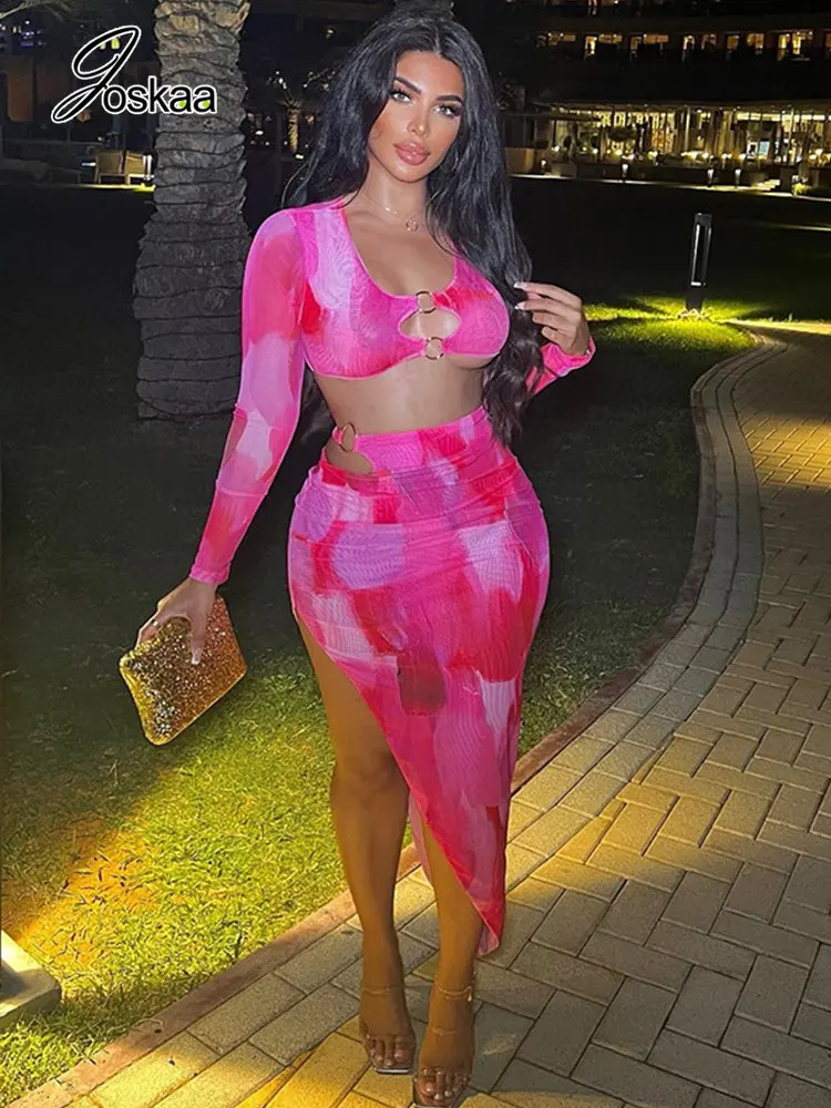 

Joskaa Rose Red Hollow Two Piece Set Women Sexy Long Sleeve Crop Tops and Irregular Skirt Matching Fall 2022 Party Club Outfits