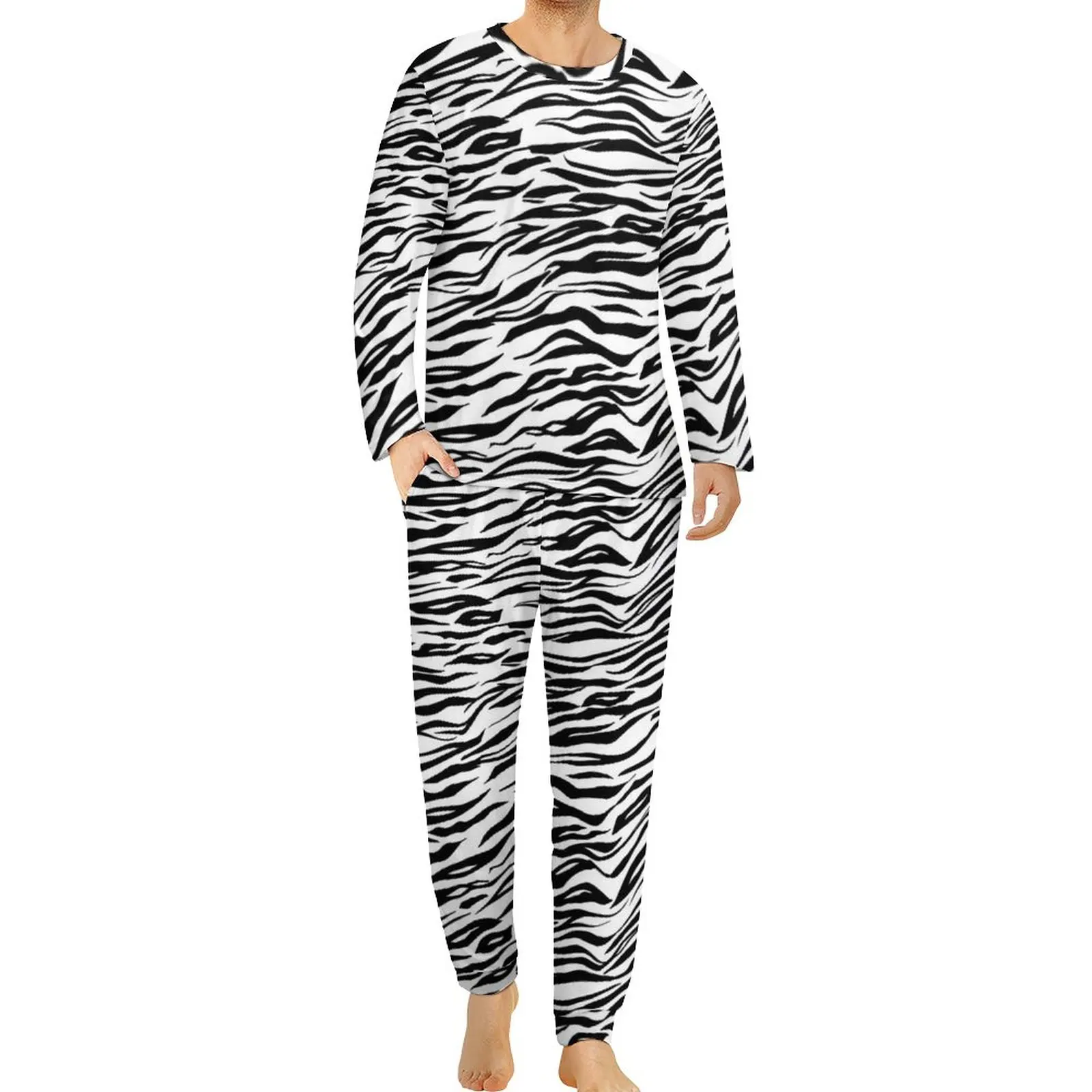 

Black White Zebra Pajamas Long-Sleeve Animal Print 2 Pieces Room Pajama Sets Autumn Men Pattern Warm Big Size Nightwear