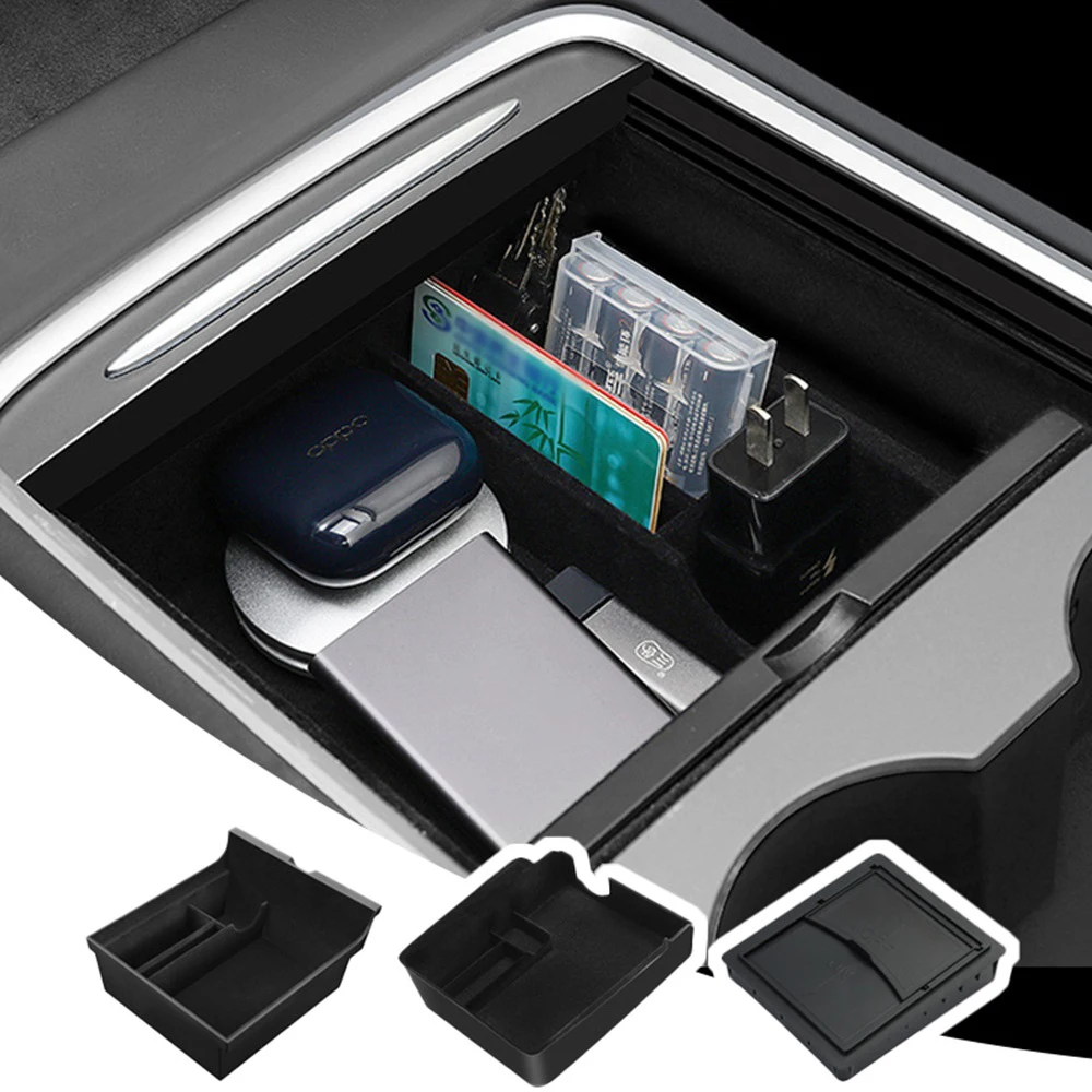 

KEKT Hidden Storage Box Car Center Console Armrest Front Rear Flocking Layered Grid Container Slide For Tesla Model 3 Y