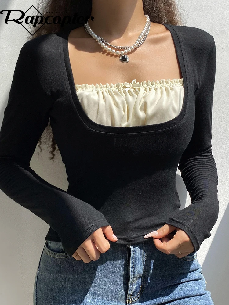 

Rapcopter y2k Frill Crop Top Bow Cute T Shirt Patched Black Full Sleeve Pullovers Retro Grunge Fairycore Korean Tee Women Chic