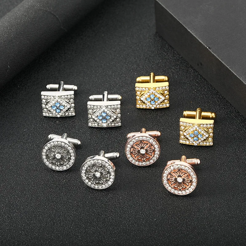 

High Quality Rhinestone Inlaid Metal Woman's Sleeve Studs Simple Circular Men's Shirt Buttons Cufflinks Graduation Gift