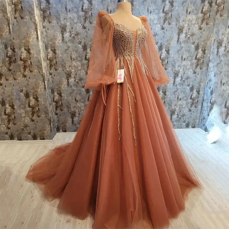 

Luxury Beaded Arabic Dubai Evening Dresses Transparent Puffy Sleeve Formal Gown Crystal Tulle Serene Womens Vestido De Noche