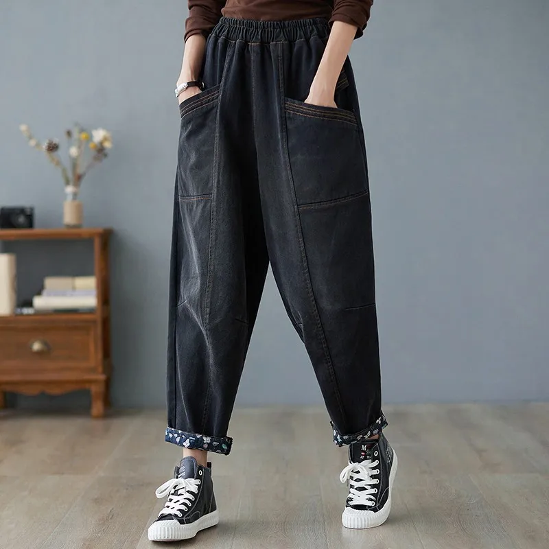 

Женские свободные джинсы до щиколотки, винтажные черные хлопковые шаровары с эластичным поясом, весна-осень 2022