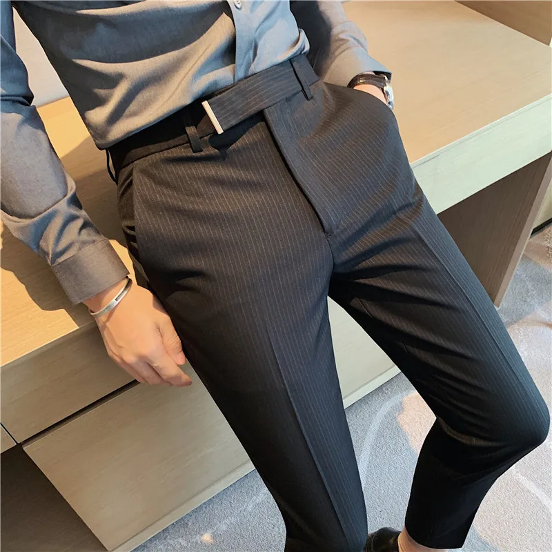 2022 Autumn Casual Business Men Stripe Pants Fashion Slim Fit Long Trouser For Men's Mid Waist  Design Pants Spring Streetwear