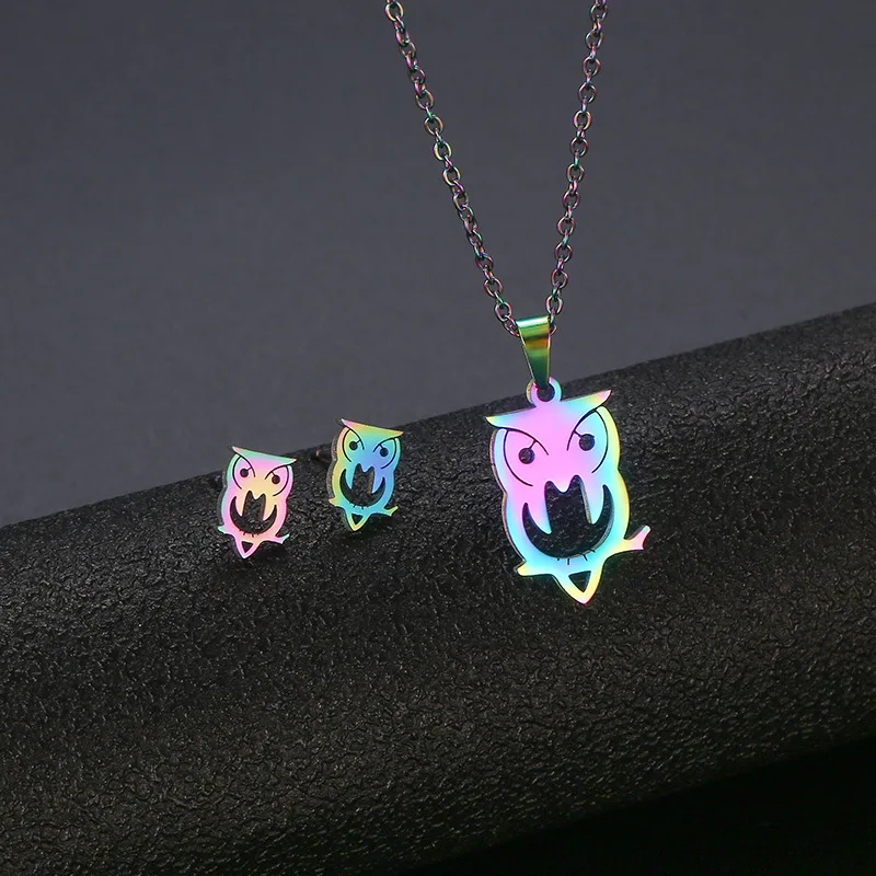 

Stainless Steel Colorful Owl Pendant Chain Necklace Stud Earring for Women Party Birthday Fashion Jewelry Set Gift