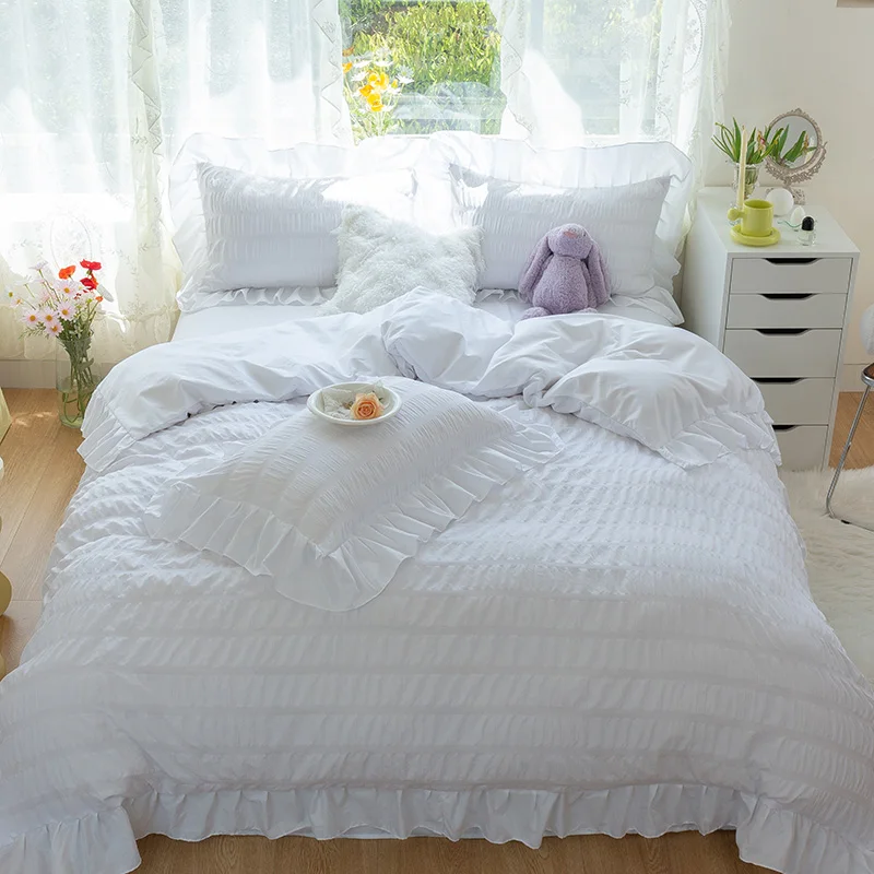 White Ruffled Duvet Cover Set Queen Size Cute Lace Princess Bedding 3/4pcs Vintage Bed Extra Soft Breathable | Дом и сад