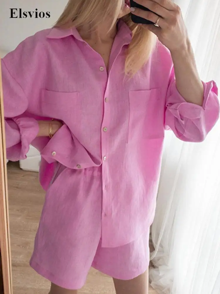 

Solid Casual Linen Shirt Outfits Women Fashion Cotton Shorts Suit Long Sleeve Button Blouse Top + Elastic Waist Beach Shorts Set