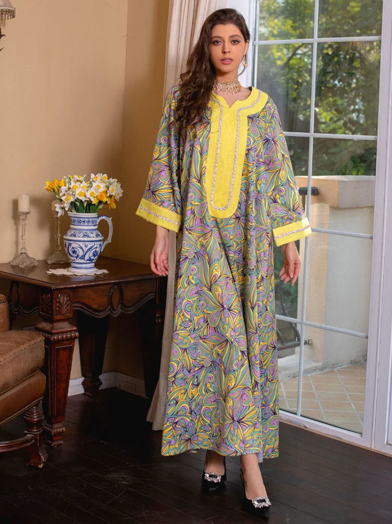 Printed Abaya Arabic Long Dress for Women Diamonds Loose Muslim Moroccan Kaftan Gulf Jalabiya Evening Gowns Ramadan Eid Dresses