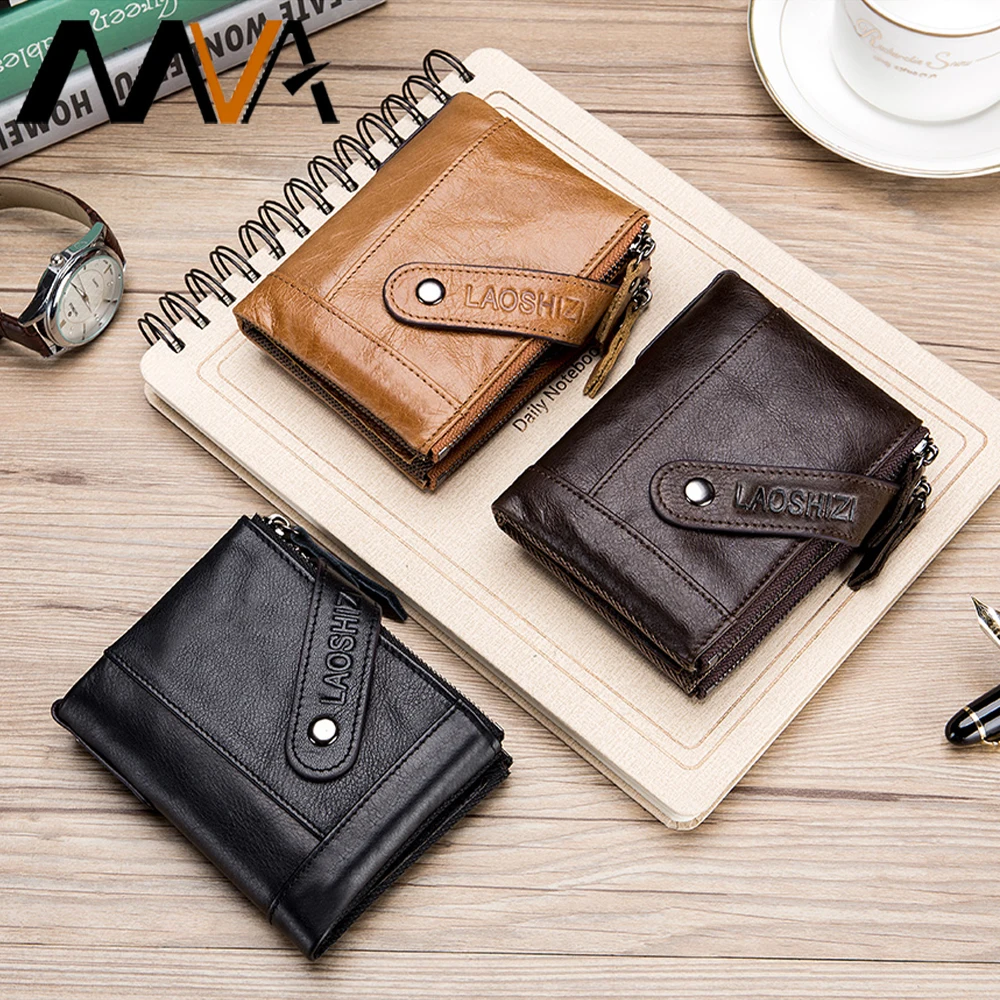 

Бумажник MVA мужской из вощеной кожи, кожаный кошелек с двойной молнией, Короткая Повседневная Сумочка для мелочи