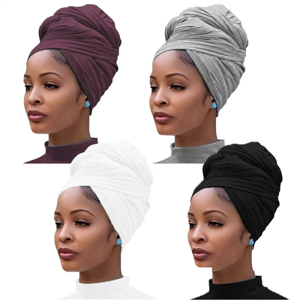 

4 Pieces Stretch Jersey Turban Head Wrap Knit Headwraps Urban Hair Scarf Solid Color Extra Long Ultra Soft Breathable Head Band