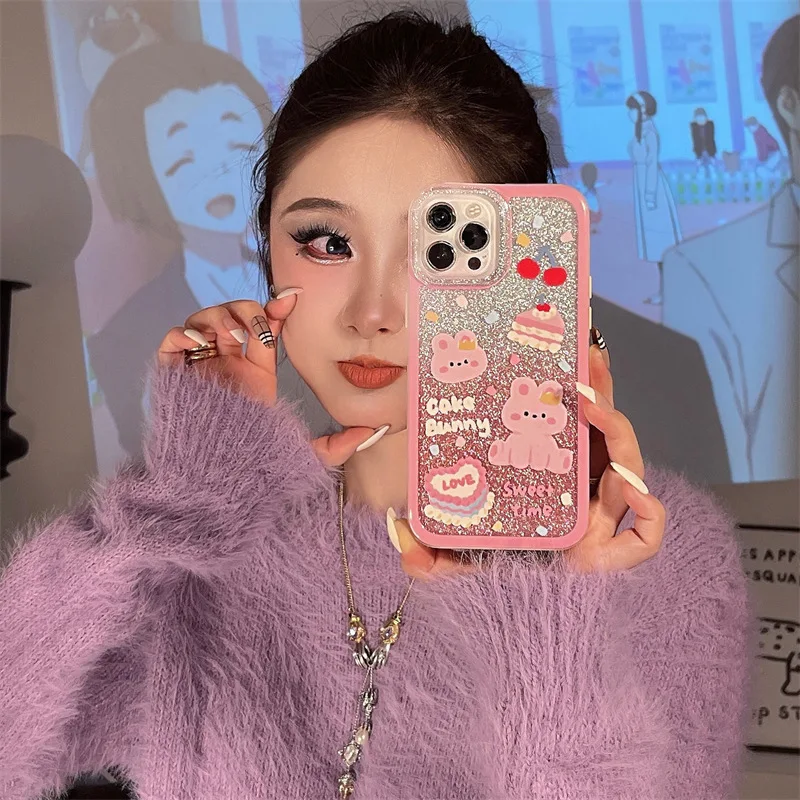 

Блестящий Прозрачный мягкий чехол с милым кроликом для IPhone 14 13 11 12 Pro Max XS X XR Kawaii с закругленными краями, противоударный прозрачный чехол