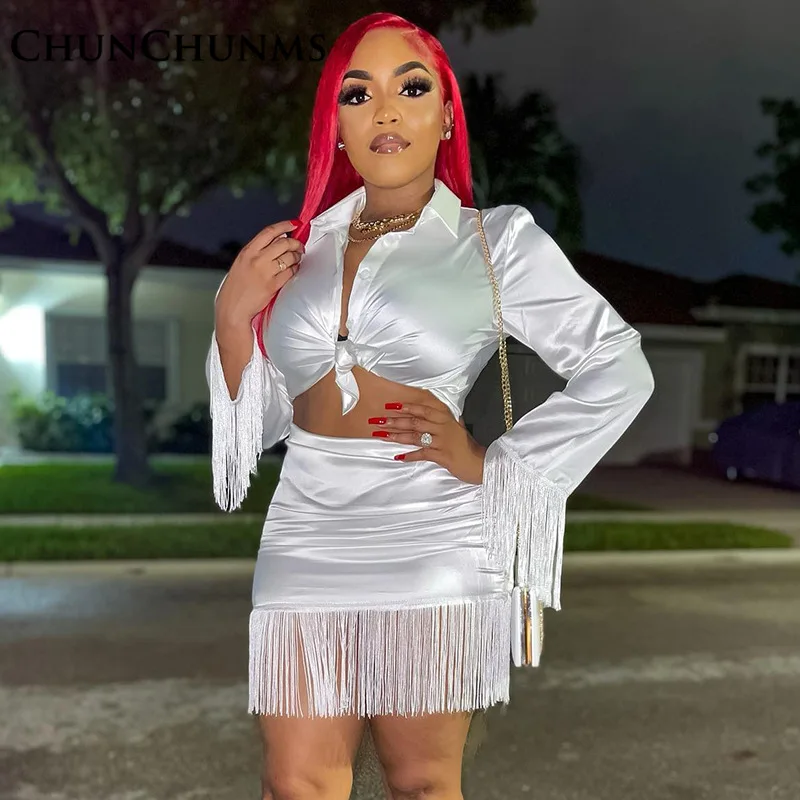 

2022 Autumn Silk Tassel Performance Shirt Dance Skirt Women Set 2 Piece White Long Sleeve Blouse Pack Hip Short Dress Elegant