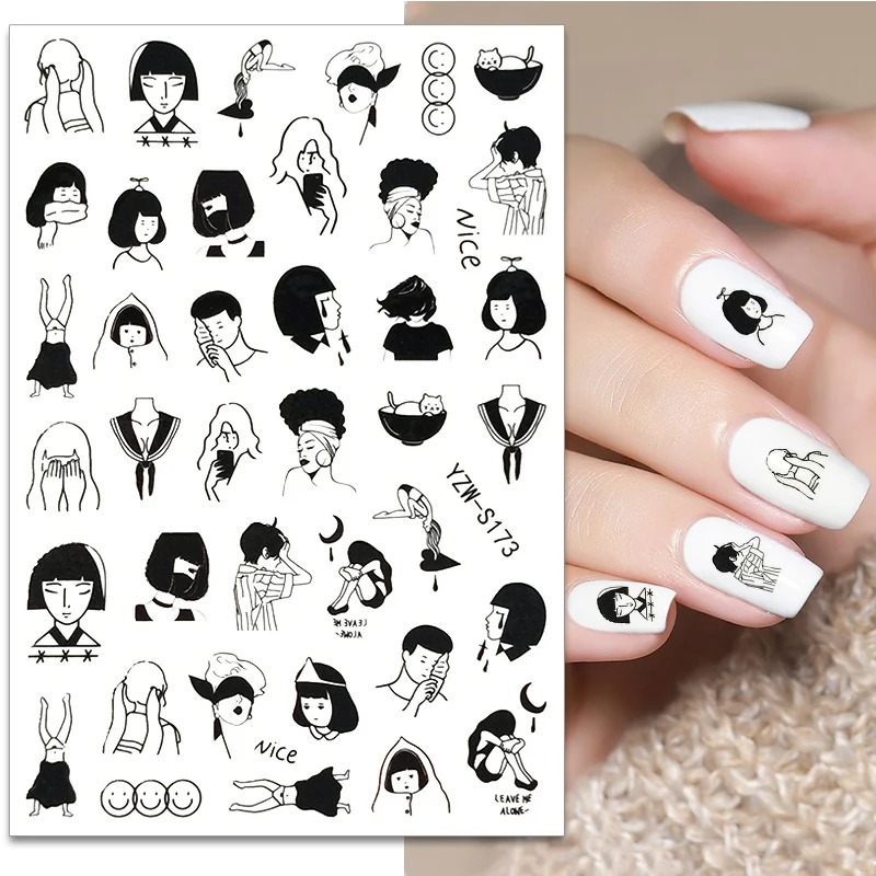

DJBS 1PC 3D Nail Stickers Black Anime Self-Adhesive Character Story Nail Art Decorations Decals Manicure Accessories
