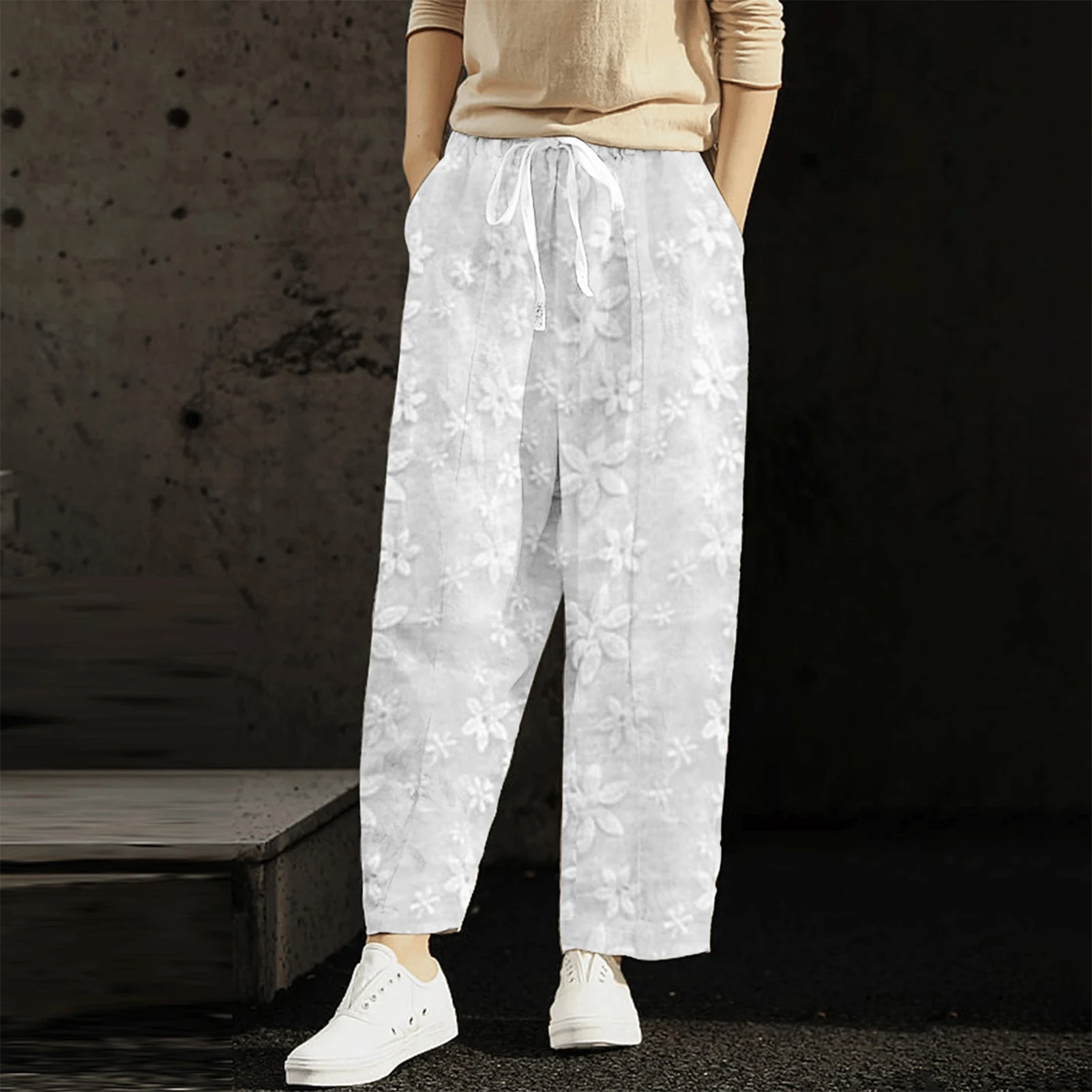 

Floral Embroidered White Pants Solid Color Women Casual Pencil Trousers Comfy Cotton Linen Elastic Waisted Loose Fit Daily Suits