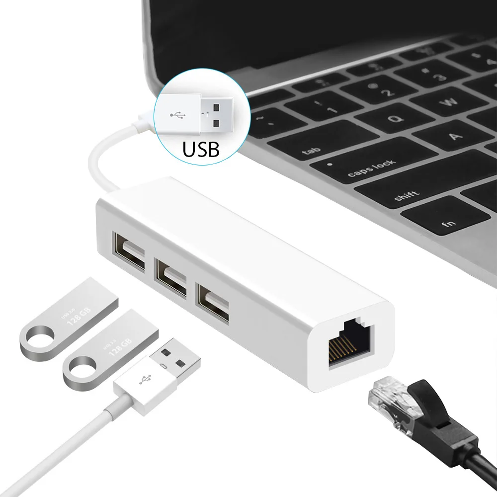 

USB To Ethernet Adapter 3 Ports USB 2.0 Hub Ethernet RJ45 Lan Wired Network Card for Android PC Network Cards RTL8152 10/100Mbps