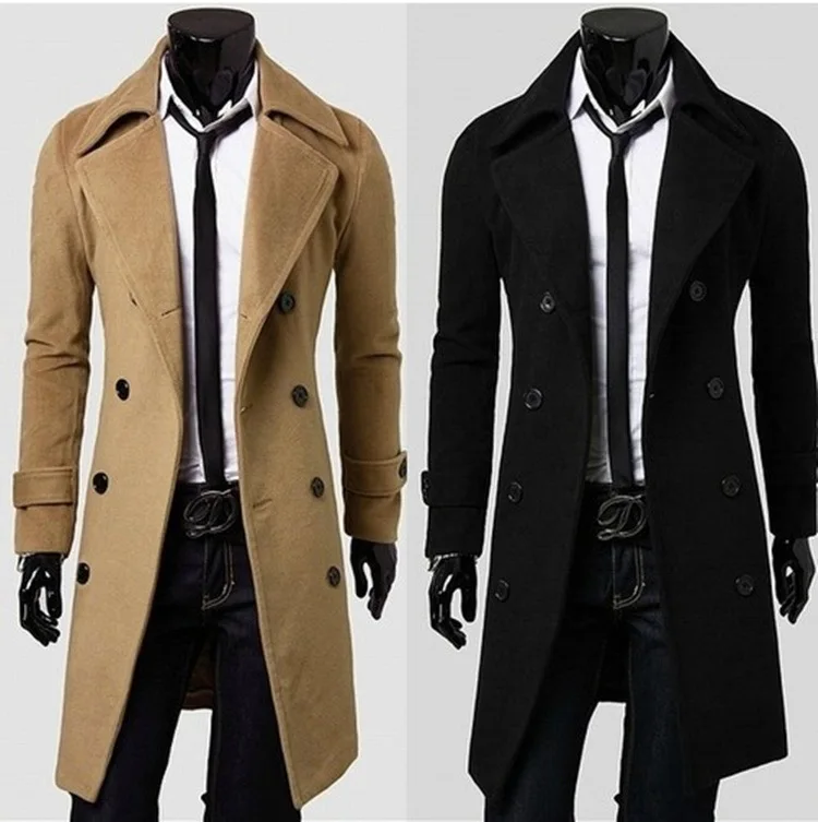 

Men Long Cotton & Blends Coat Autumn winter new fashionable handsome double breasted Windbreaker Jackets Slim fit overcoat men