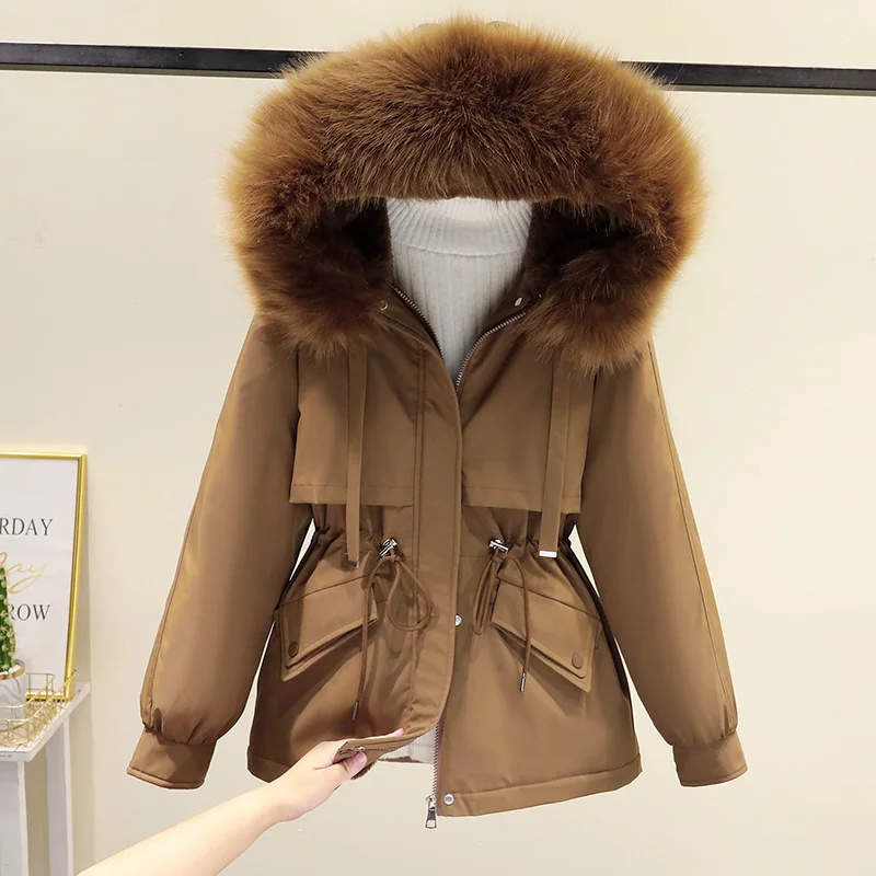 2022 Women's Winter Jacket Students Solid Hooded Large Fur Parkas Drawstring Slim Fashion Warm Coat Female Snow Wear Outwear