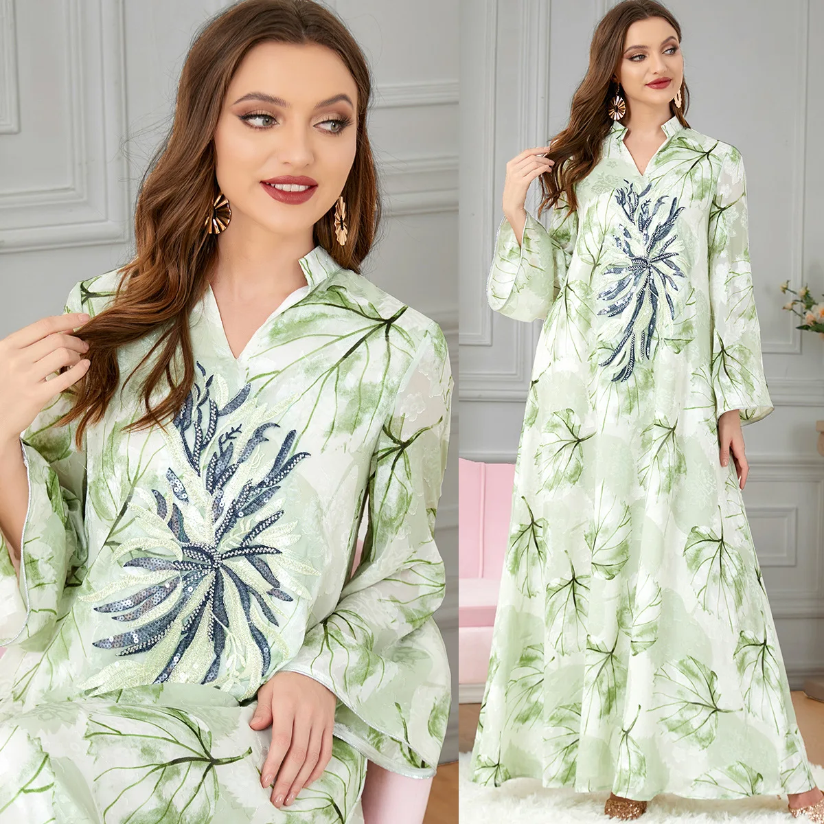 Muslin Dress for Dubai Abaya Kaftan Arab Middle East Women Robe Green Print Loose Long Dress for Wedding Fashion Female Clothing
