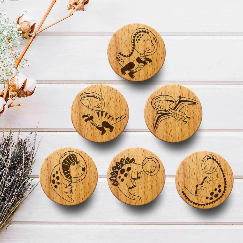 

New Engraved Cute Dinosaur Wooden Drawer Knob Boho Nursery Cabinet Pulls Nature Wood Coat Hook Children's Room Furniture Handles