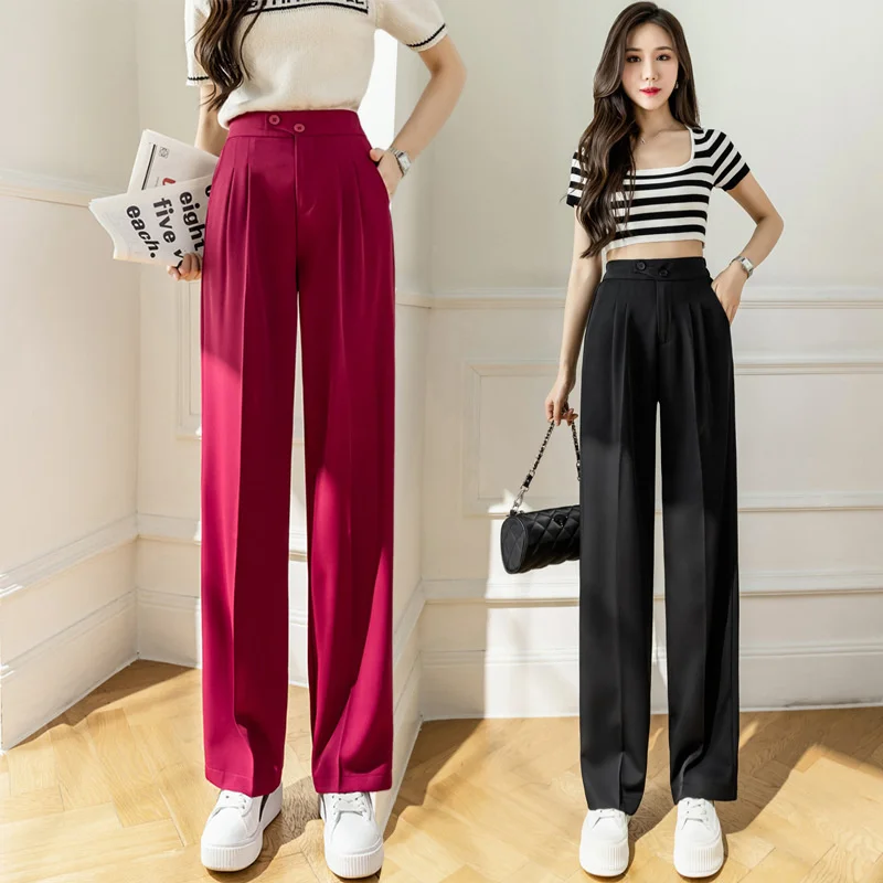 Fire dragon fruit color ice silk wide leg pants women's spring and summer high waist loose straight drop feeling casual