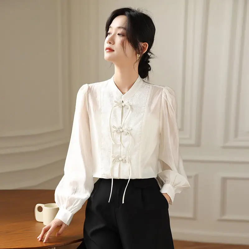 

2023 chinese chiffon blouse women new stand collar long-sleeved cheongsam button autumn new chinese elegant casual blouse g756