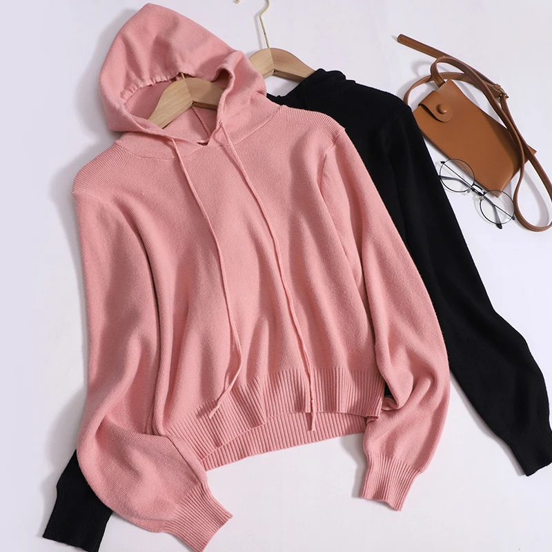 

Hooded Knitted Sweater for Women In Autumn Winter New Fashion Short Loose Fitting Solid Color Long Sleeved Tops Women Sweater