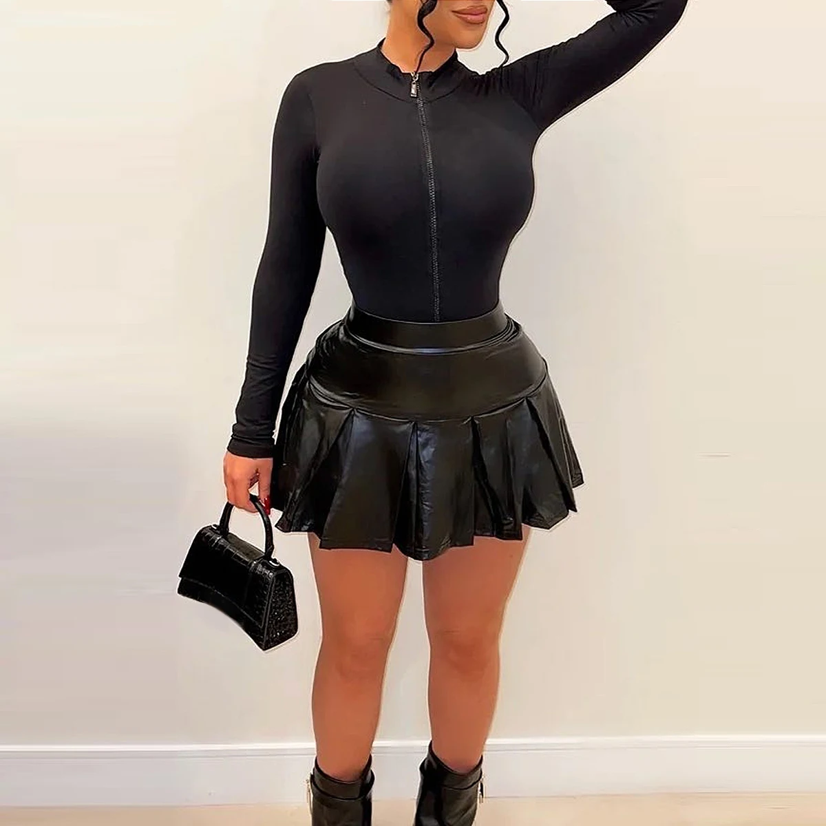 Женская мини-юбка из ПУ кожи с завышенной талией