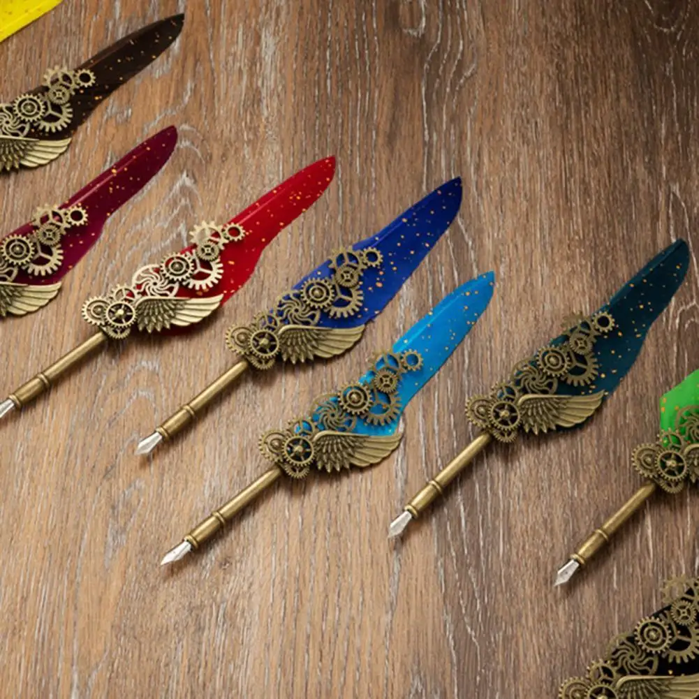 

Wood 1 Set Practical High Quality Gift Feather Dip Pen Set Bright Color Dip Pen Set Vintage for Students