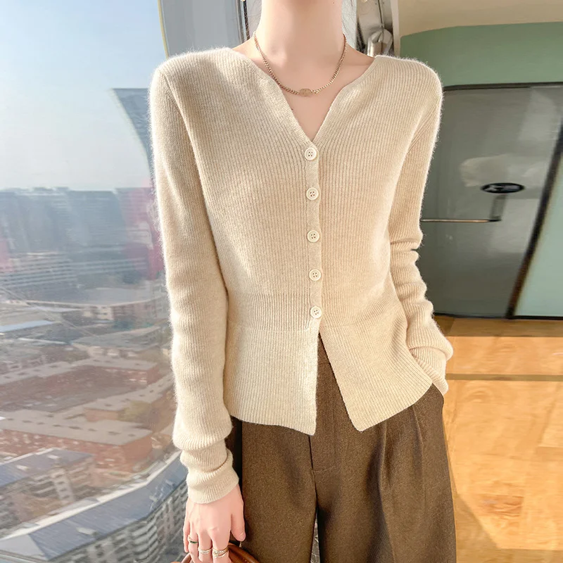 Однотонная Корейская блузка на пуговицах с V-образным вырезом новинка кардиган в