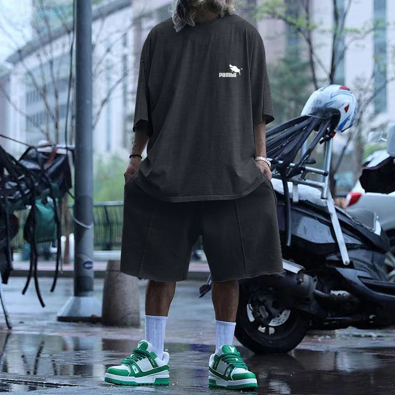 Summer Hot Sale Solid Color men's Street Trendy men's Casual Two-Piece Short-Sleeved T-shirt + Loose Shorts