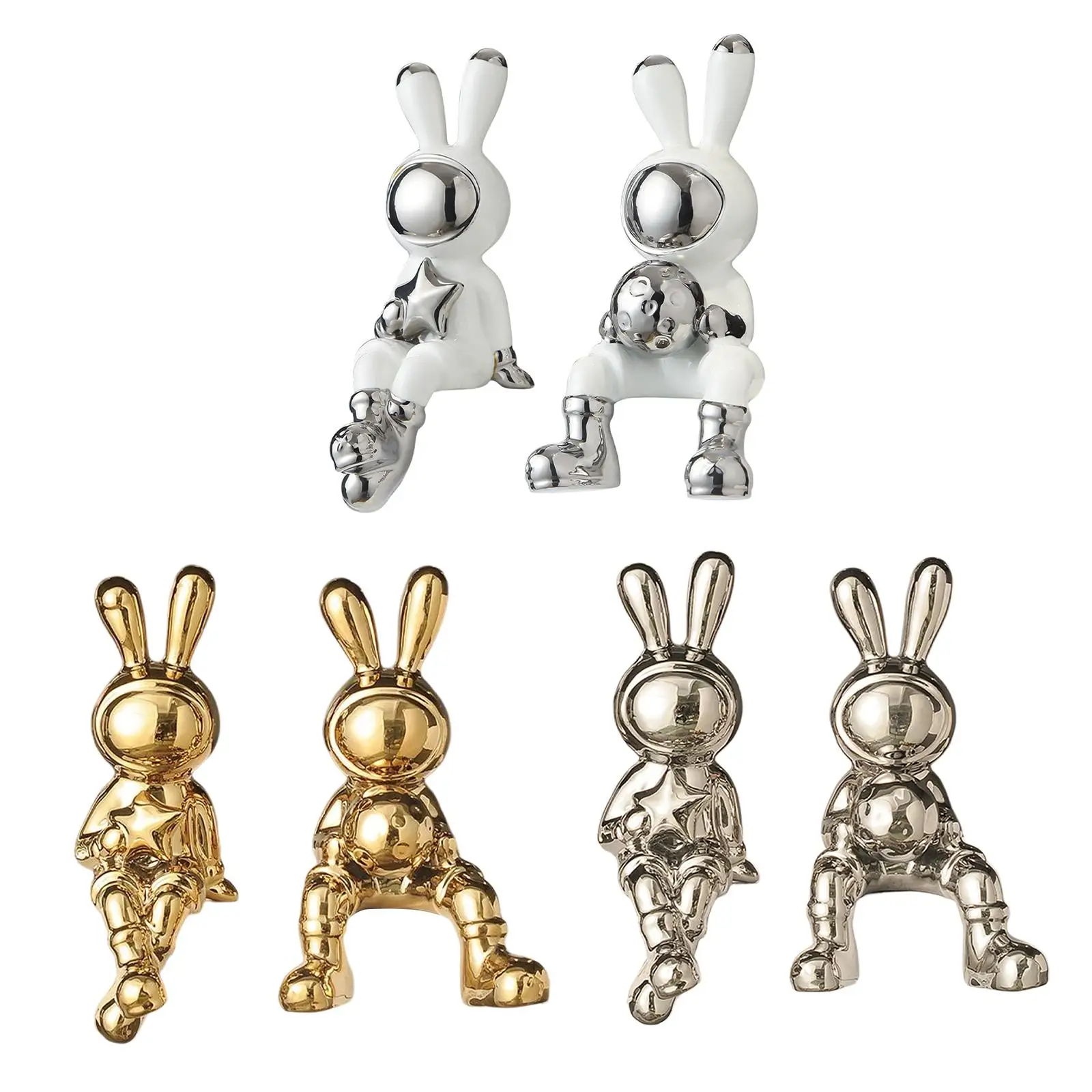 

2x Rabbit Statues Bunny Sculptures Glaze Decorative Ornament Spaceman Animal