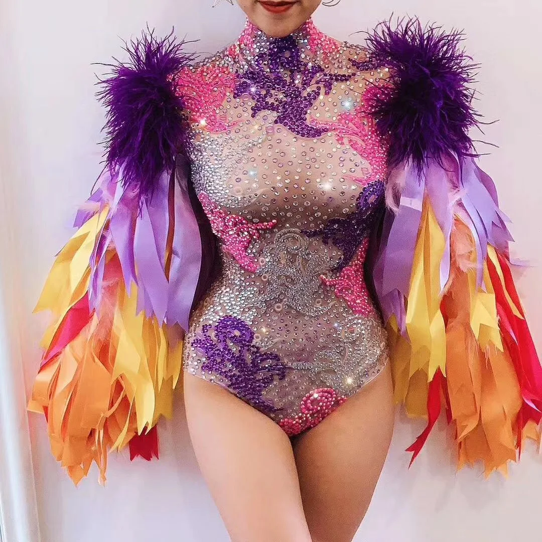 

Fashion Stage Wear Streamers Feather Sleeve Rhinestone Bodysuit Women Nightclub Bar Party Outfit Performance Dance Costume