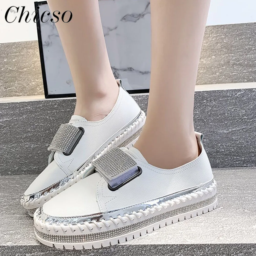 

Women's New Vulcanized Shoes 2023 Spring Autumn Rhinestone Hook&Loop Ladies Comfy Loafers 35-43 Large-Sized Female Sport Sneaker