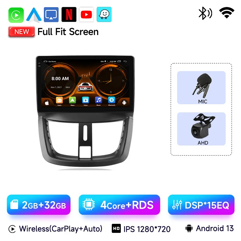 

JIUYIN беспроводной CarPlay авторадио для PEUGEOT 207 207CC 2006-201 автомобильный радиоприемник мультимедийный плеер Android 13 авто стерео GPS