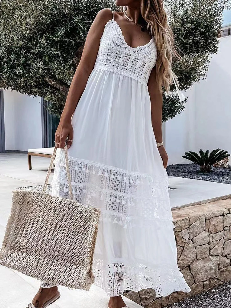 

Summer Women Sexy V-neck Pleat Sling Long Dress Fashion Lace Patchwork Solid Party Dress Elegant Sleeveless Backless Beach Dress