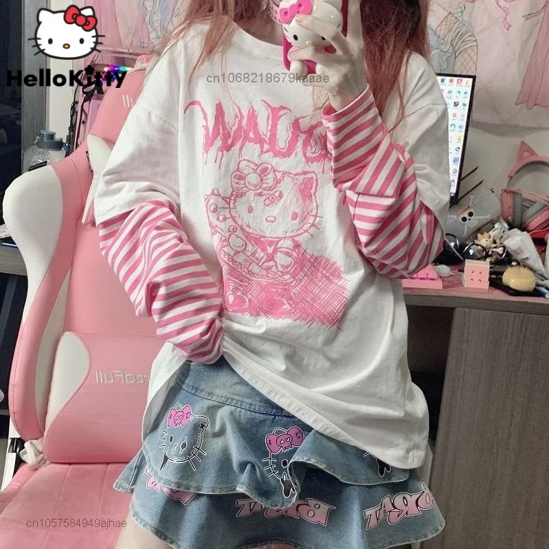 Sanrio Clothes Hello Kitty Patchwork Stripe Long Sleeves Top Harajuku Women 2022 Summer Sweet T-shirt Y2k Girls Aesthetic Tops