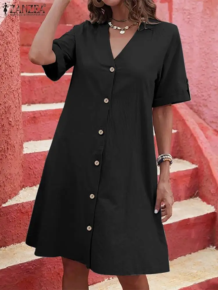 

ZANZEA Casual Plain Short Robe V Neck Oversize Sundress Loose 2023 Sumemr Mini Dress Fashion Holiday Women Short Sleeve Vestidos