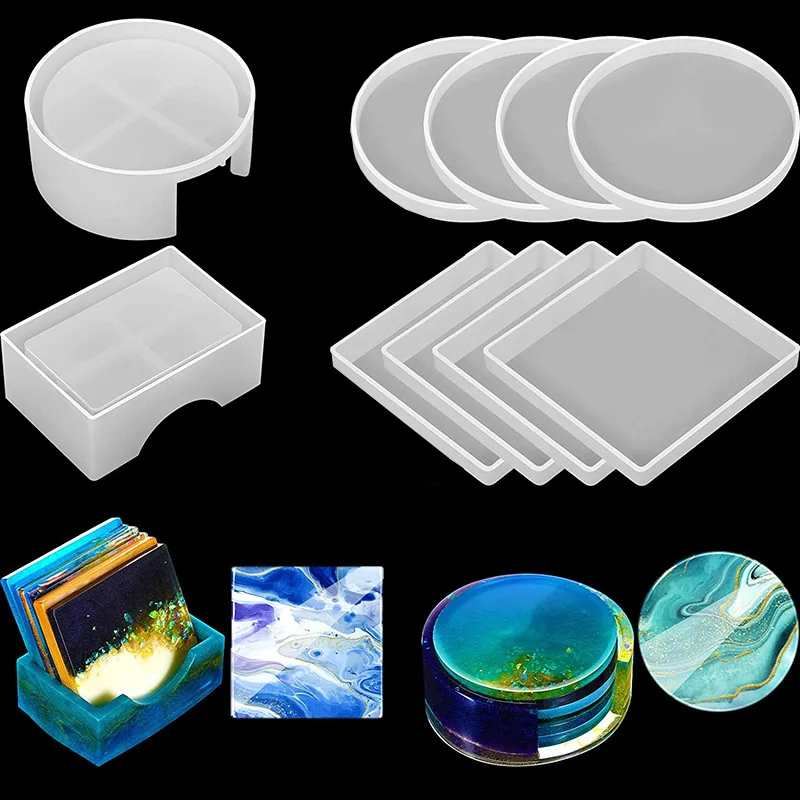 Set Of 5 Pieces DIY Circular Coaster Mold Crystal Epoxy Resin Mold Square Coaster Resin Silicone Mould Flower Cup Mat Mould