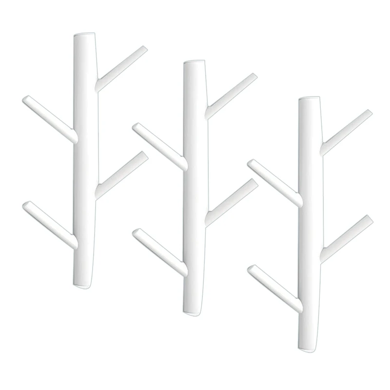 

4 Hooks Hanging Pegs No Punching Household Branch Coat Rack Wood Hook Wall Decor Hanger For Bedroom - 3 Pack White