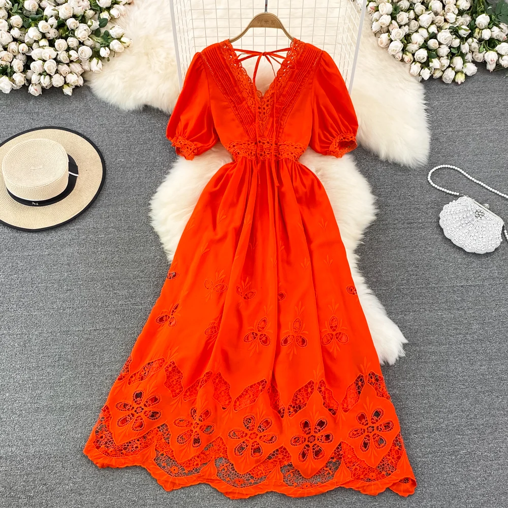 

Elegant Autumn Women Dress Hollow Out V-Neck Puff Sleeve Midi Vestidos Vintage High waist Luxury Lace Female Robe 2022 Fanshion