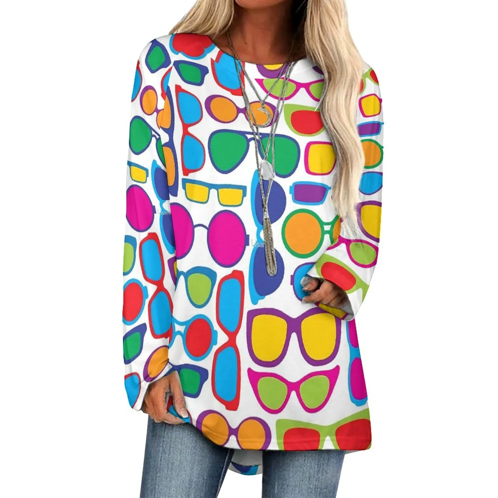 

Colorful Glasses T-Shirt Funny Eyeglasses Street Fashion Long Sleeve T Shirts Printed Retro Tshirt Female Top Tees Large Size