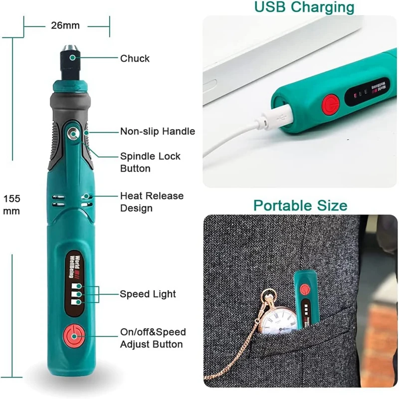 USB Беспроводная электрическая гравировальная ручка 3 скорости вращающегося