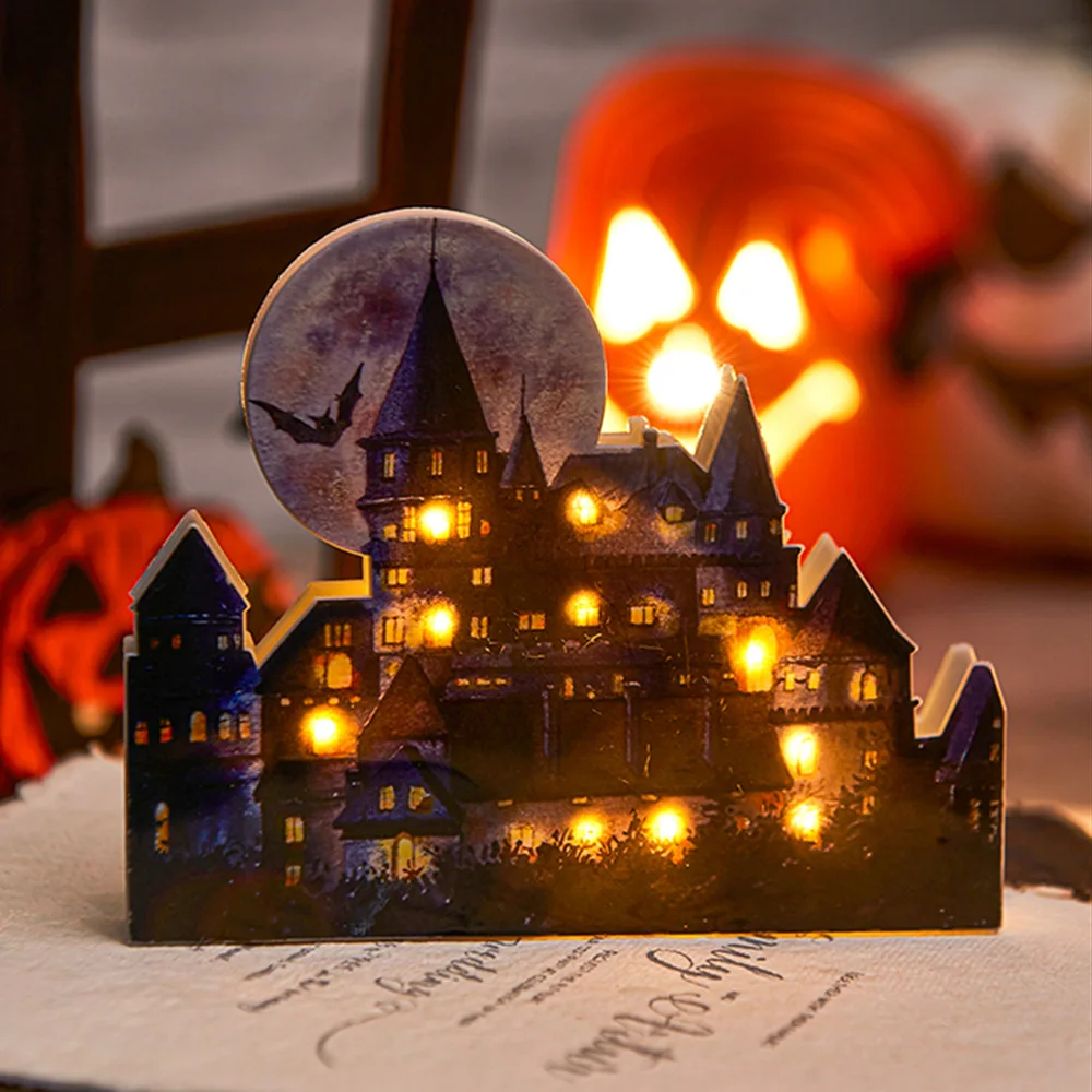 

Halloween Luminous Castle Model Decoration Halloween Party Window Mall Small House with Led Light Scene Layout Ornament